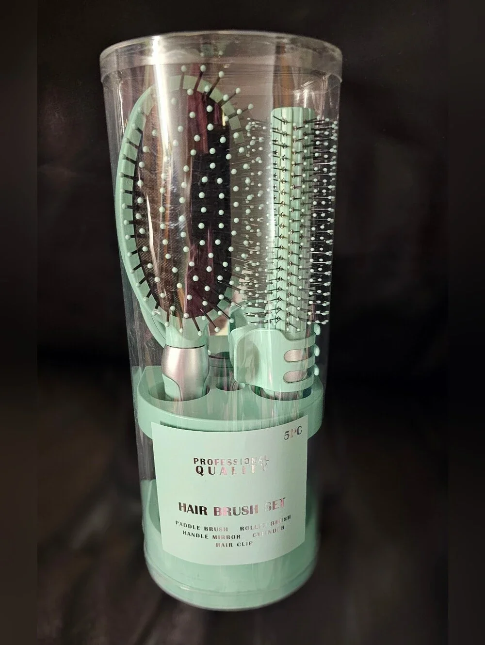 Professional Quality 5-Piece Hair Gift Set Mint Green Brush Mirror Clip NWT